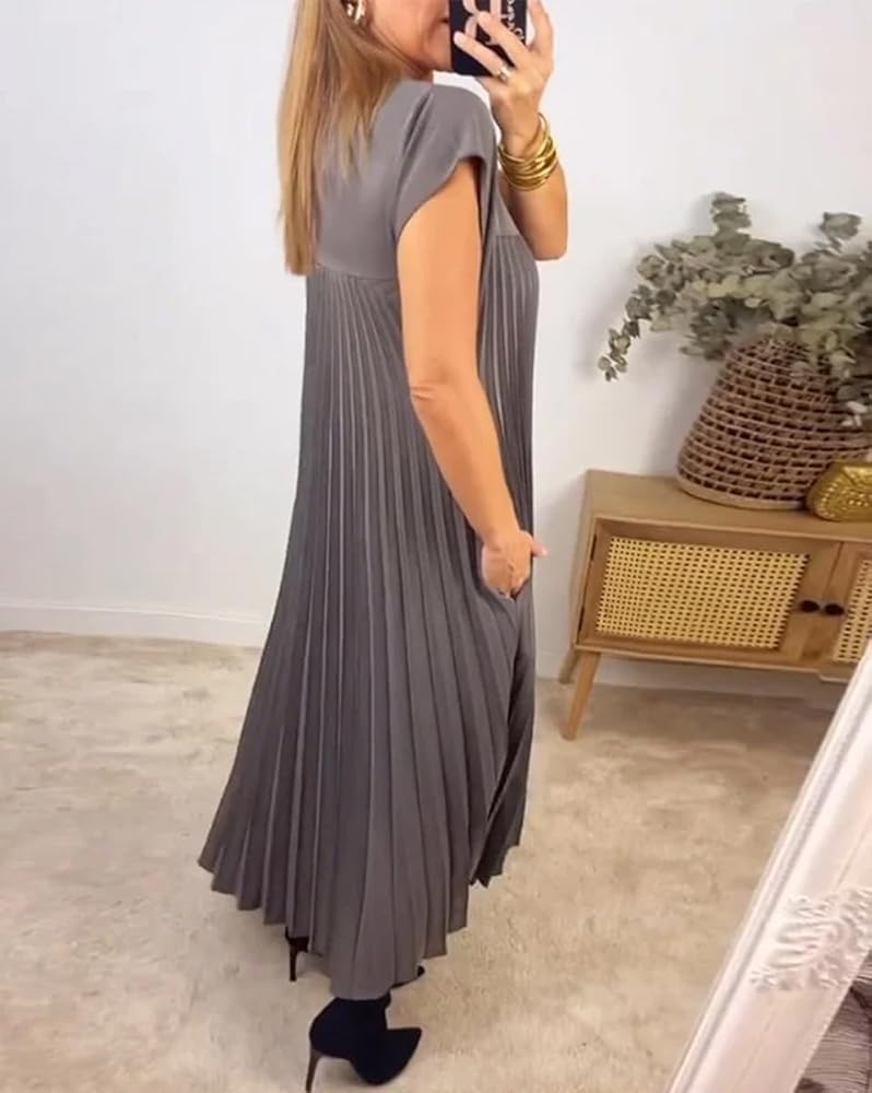 Women Pleated Simple Solid Color Dress, 2024 New Neutral